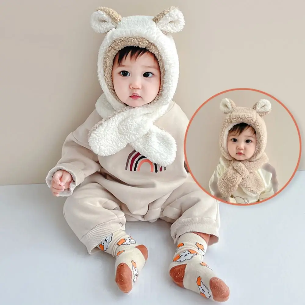 

One-Piece Winter Baby Hat Scarf Windproof Faux Fur Kids Hat Hooded Scarf Thick Warm Neck Protection Double-sided Beanies Cap