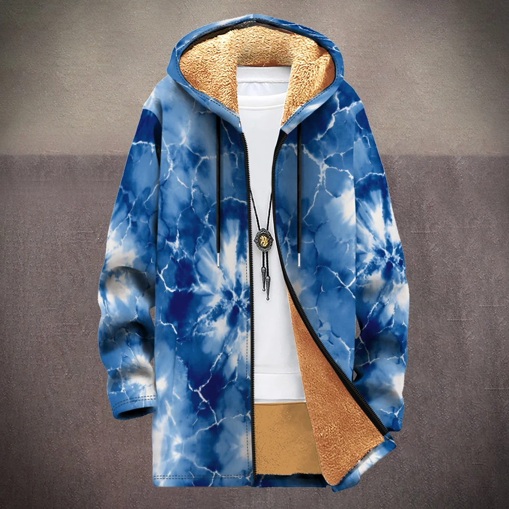 Winter Unisex Gradient Tie-Dye Hooded Jacket Colorful Swirl Print Fleece-Lined Coat Unisex Streetwear Fashion with Faux Fur Hood