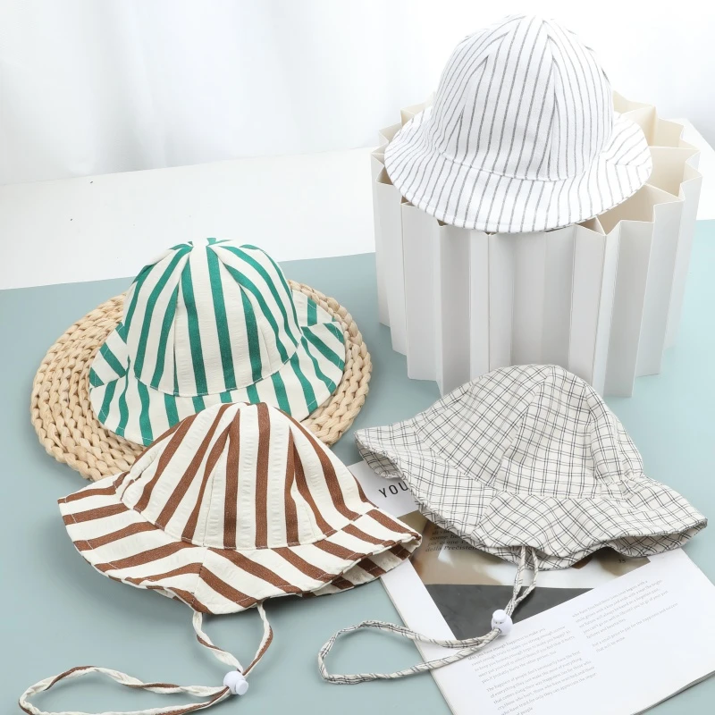 

Boy Children Striped Lacing Fisherman's Cap Girl Baby Solid Casual Sunscreen Hat Infant Cotton Caps Kid Windproof Basin Hats