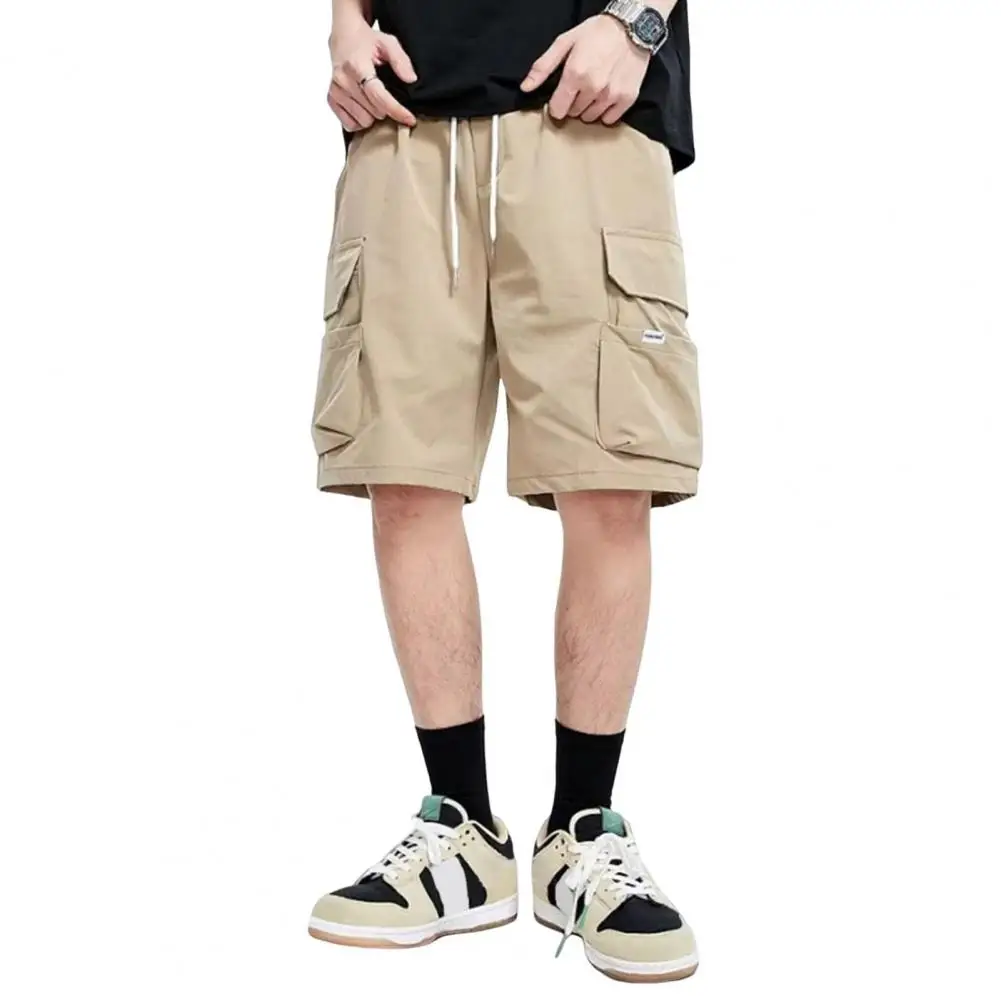 Men Cargo Shorts Low-rise Adjustable Drawstring Casual Shorts Solid Color Loose Fit Multiple Pockets Cycling Leisure Shorts