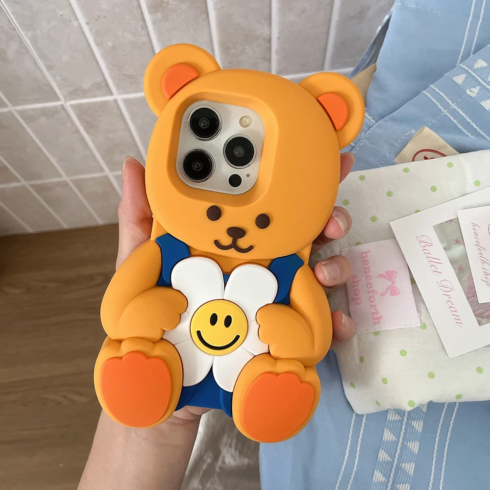 Funda de silicona suave con diseño de oso de peluche Floral Kawaii en 3D para iPhone 16 16e 15 14 13 12 Pro Max, bonita funda trasera a prueba de golpes