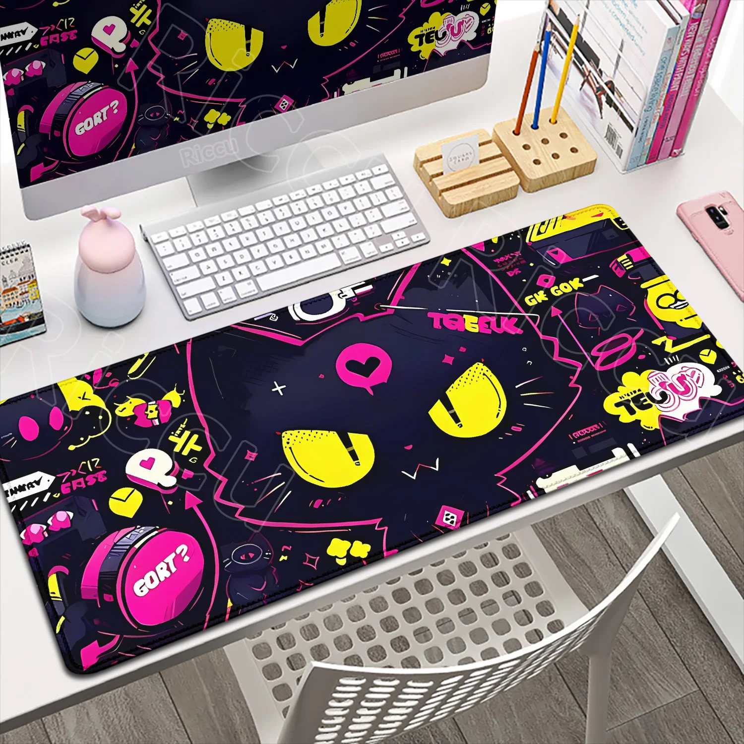 Black Anime Cat Mouse Pad PC Game Mousepad Kawaii Desk Mat Speed Gaming E-Sports Mouse Mat Laptop Large Rubber Keyboard Desk Pad