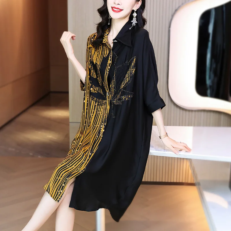 Boho Women's Floral Printed Shirt Dress Ladies Satin Silk Long Sleeve Loose Evening Party Beach Dresses Summer Sundress