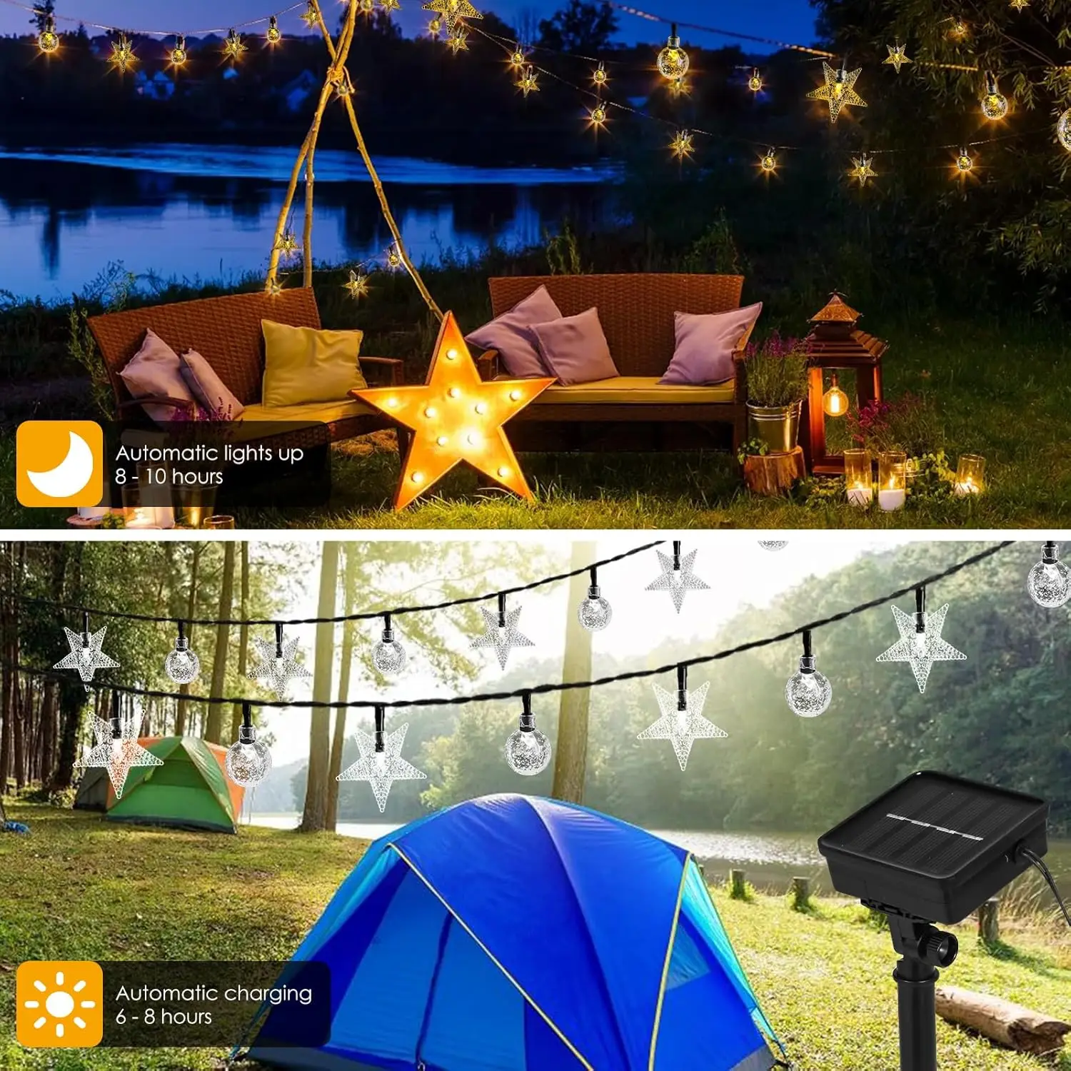 Solar LED String Lights Outdoor Camping Decor Crystal ball and stars String Lights 8 Modes Solar Lamp for Halloween Christmas