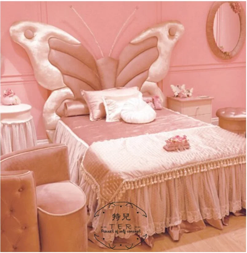 French pink fabric Princess bed Butterfly bed soft cover sheet Person Dream bed Cute girl soft bed