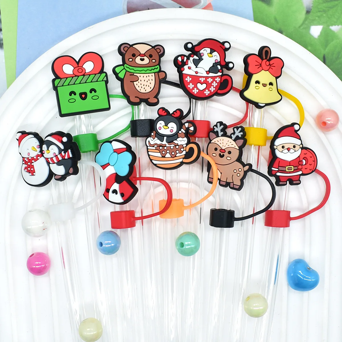 Xmas Straw Topper Santa Reindeer Snowman Christmas Straw Cap Holiday Drink Straw Cover Dustproof Cup Accessory Festive Straw