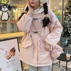 Japanese Harajuku Kawaii Pink Rabbit Corduroy Hooded Parkas Women Casual Loose Warm Fleece Jacket Winter Padded Overcoat Female