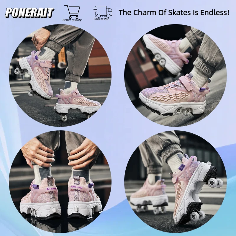 4-Wheel Professional Double Row Skates Deform Roller Skate Shoes Youth Sneakers Parkour Street Deformation Shoes Gift for Kid