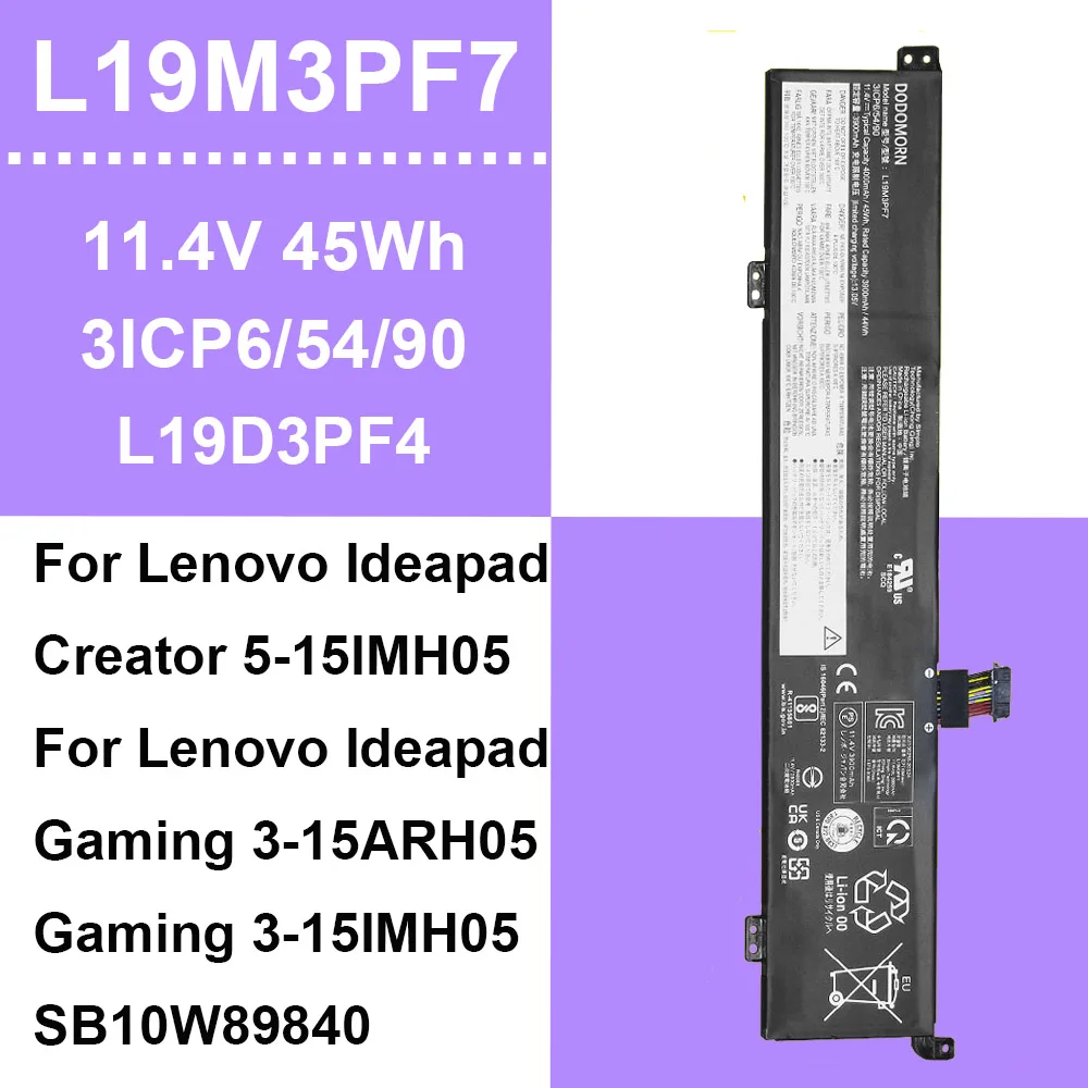 DODOMORN Laptop Battery For Lenovo Ideapad Creator 5-15IMH05 Gaming 3-15ARH05 Series L19M3PF7 L19D3PF4 L19L3PF3 3ICP6/54/90 OEM