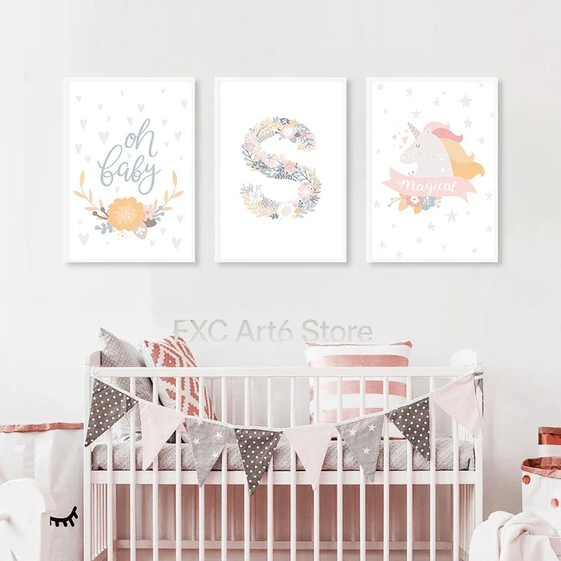 1PC frameless Floral Alphabet Letters Unicorn Wall Art Canvas Posters And Prints For Pink Nursery Kids Baby Room Decor Aesthetic
