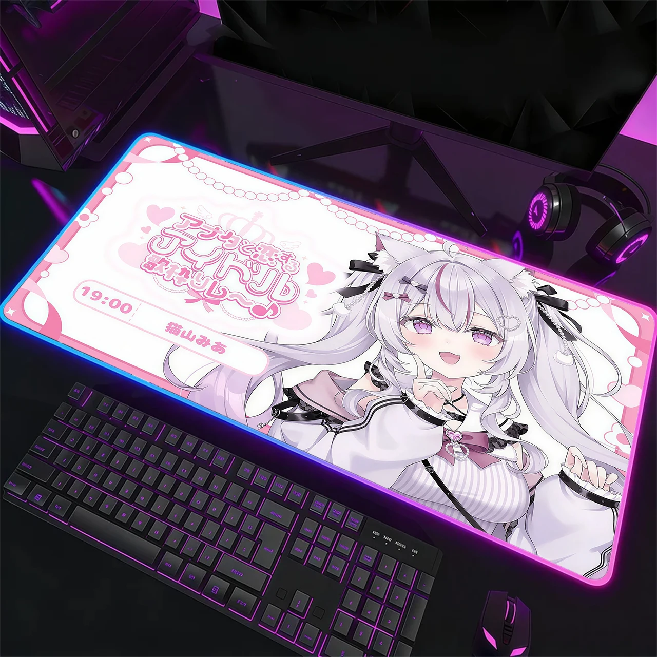 RGB Gaming Mouse Pad, XXL Desk Mat, LED Glowing Edge, Anti-slip Base, White Hair Cat Ear Anime Girl Pink Heart Print Table Mat