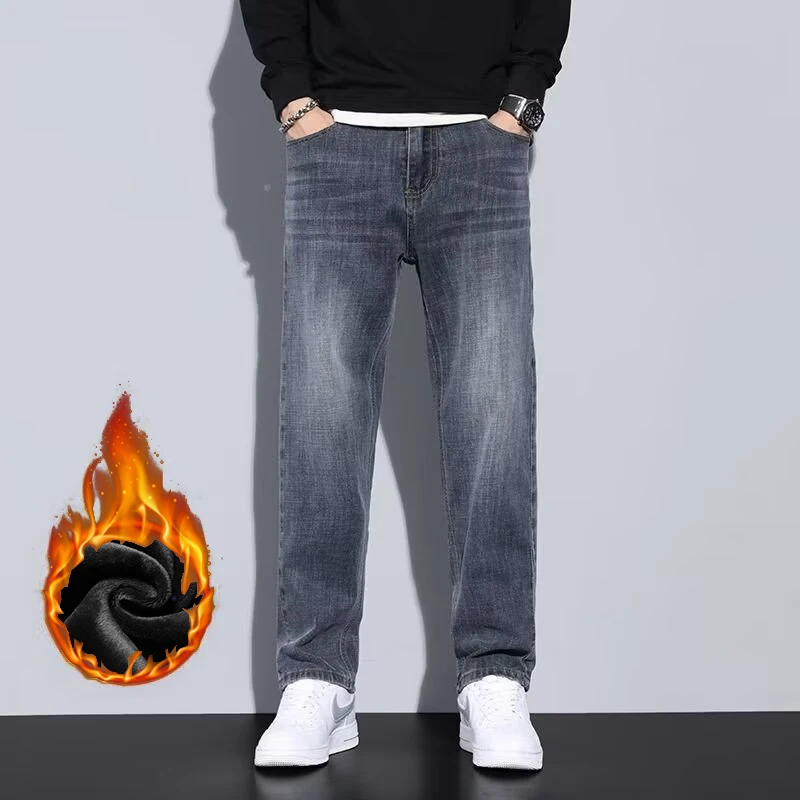 Winter Wear-resistant Work Trousers Men Thickened Warm Baggy Stretch Jeans Male Business Casual Straight Leg Denim Pants