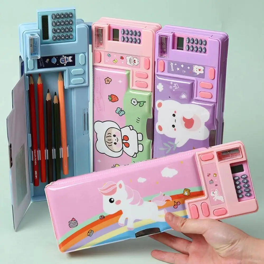 Plastic Pencil Case Fun Mechanism Design Double Sided Use Stationery Storage Box With Calculator/Pencil Sharpener