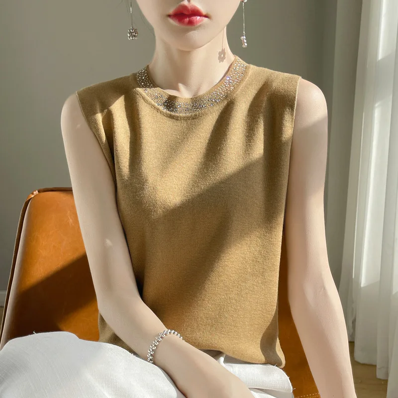 Fahion Women Tank Top 2026 Spring Summer Beading O-neck Sleeveless Tank Tops Innerwear Korean Bottoming Knitted Womens Tank Tops
