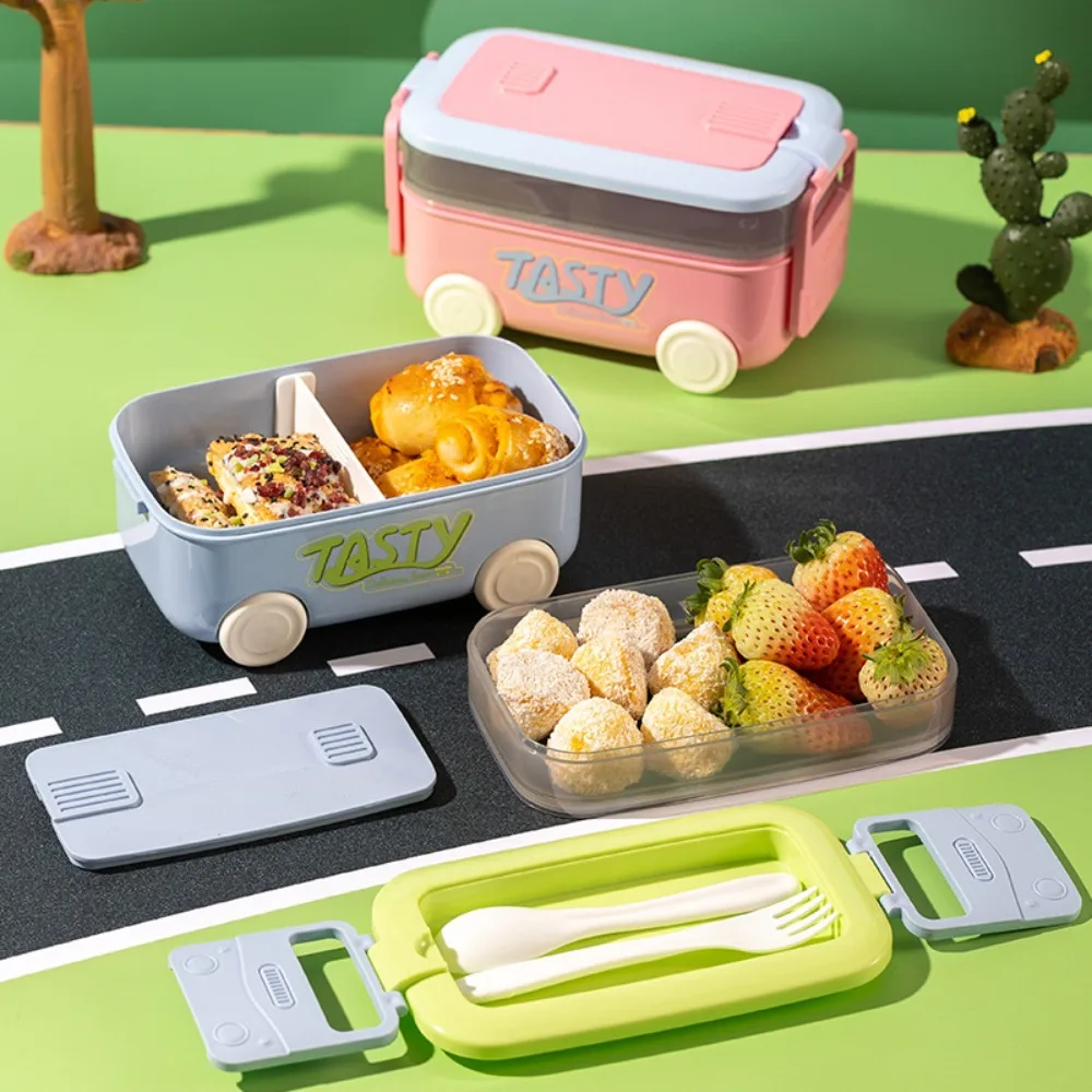

Movable Compartment Kids Bus Lunch Box with Tableware Sealed Car Shape Lunch Box Double Layer Leakproof Food Container Picnic