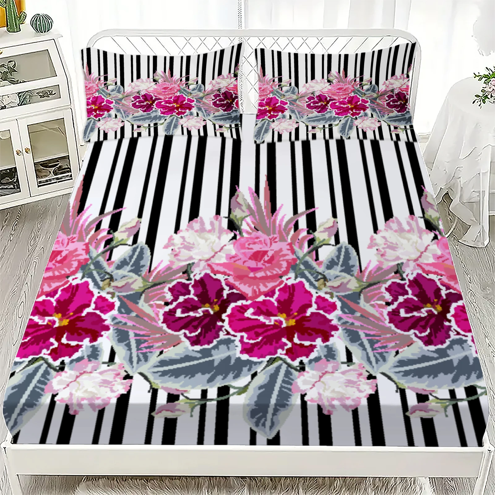 3pcs Fitted Sheet Set Zebra Stripes With Red Flowers Easy Care Durable Bed Sheet With Pillowcases For Bedroom Decor