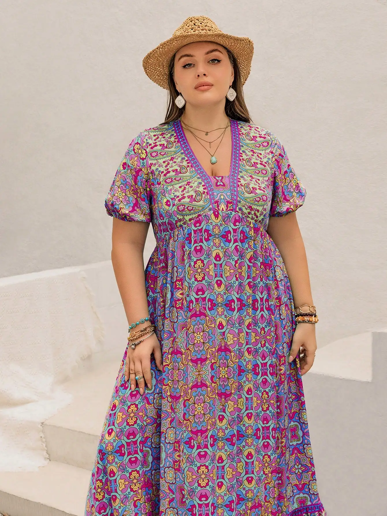 

Plus Size Women Bohemian Floral V-Neck Short Sleeve Maxi Dress Beach Festival Summer