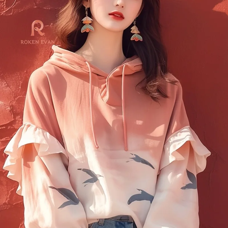 ROKEN EVAN 2024 Autumn Women Elegant Shirts ruffled Pink Print Blouse Female Holiday Lace Korean Fashion Clothes New blusas