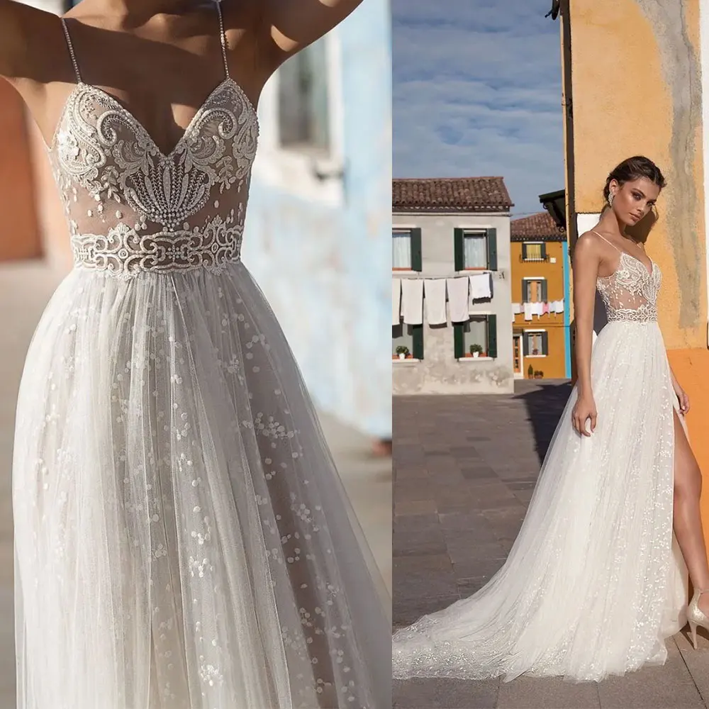 Semplice spiaggia a-line abiti da sposa spacco laterale cinghia di spaghetti Illusion Tulle Boho abiti da sposa Sweep Train Pearls Backless 2024