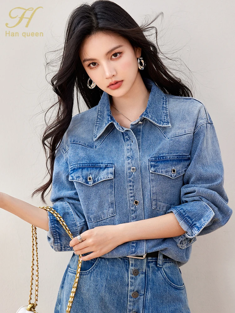 H Han Queen 2024 Autumn Winter Office Blusas Vintage Top Woman Clothing Simple Long Sleeve Basic Pocket Work Casual Denim Shirts