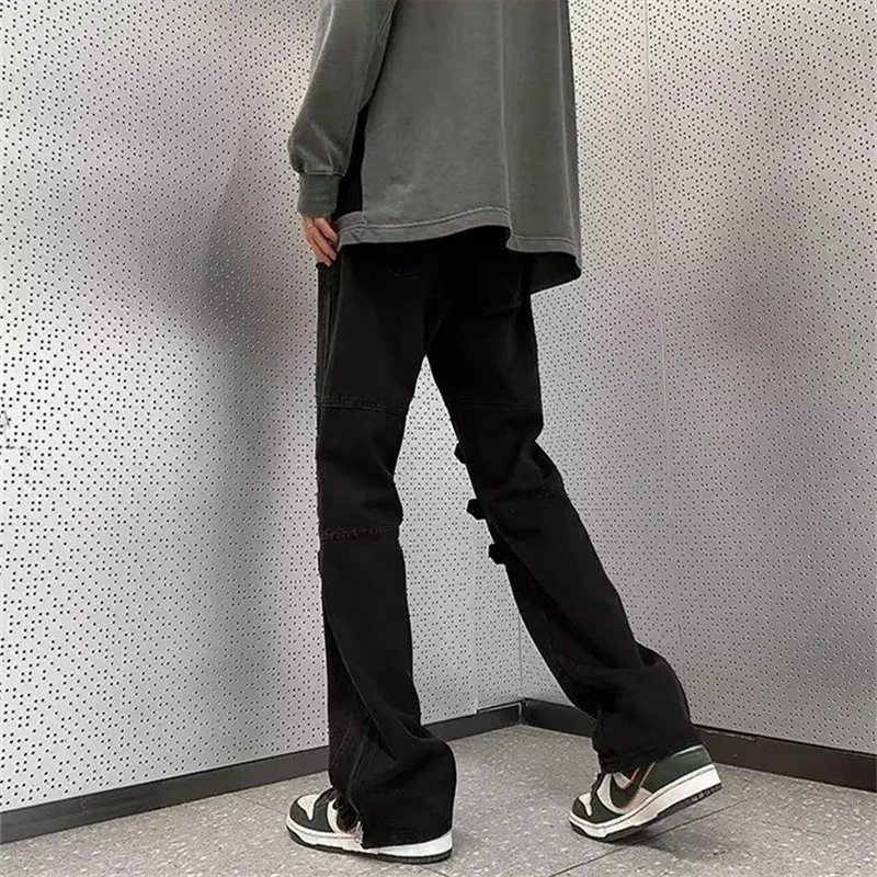 Jeans Men's Clothing Spring Autumn New Cargo Straight Pants Solid Color Splicing Zipper Button Pocket Loose Trousers A039