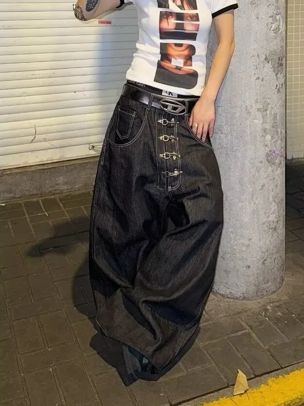 Retro American High Street Aircraft Buckle Frayed Jeans Straight Leg Long Pants Women's Men's  Design Premium Feeling