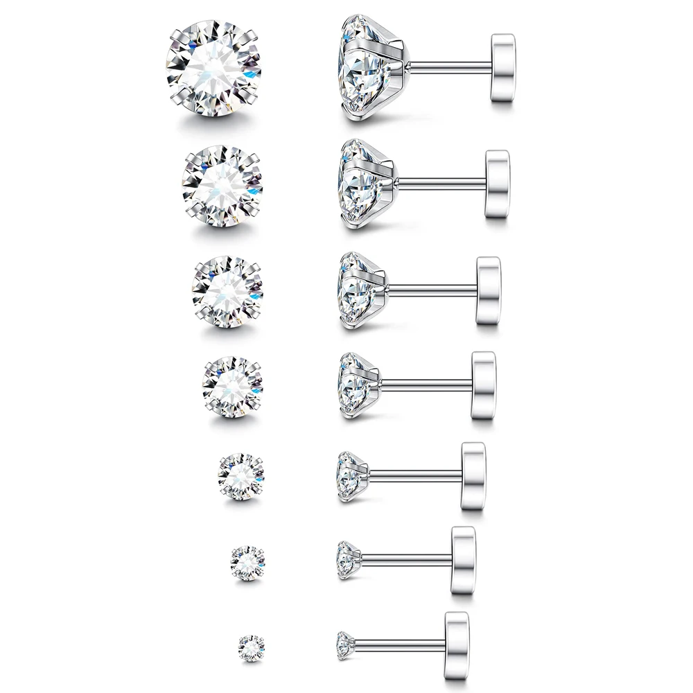 

7 Pairs 18G Hypoallergenic Stainless Steel Cubic Zirconia Flatback Stud Earrings Ear Cartilage Piercings for Women Men 2-8mm