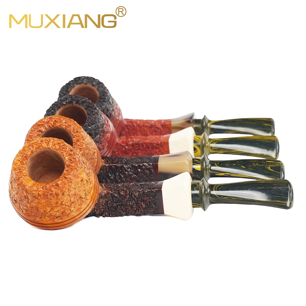 MUXIANG Briar Pipe Black Top Red Brown Gradient Carved Imitation Ivory Ring Cumberland Multicolor Tobacco Pipe