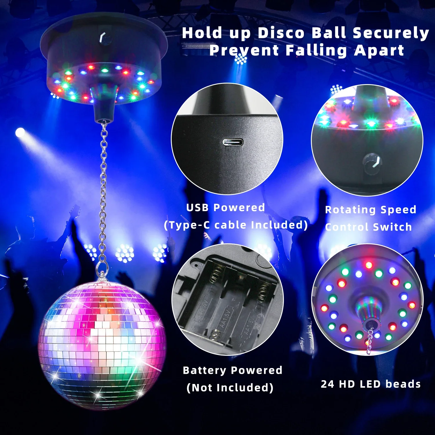 Adjustable Mirror Ball Rotating Motor with 24 RGB Led Light for 4 6 8 12" Disco Balls (Not Include)