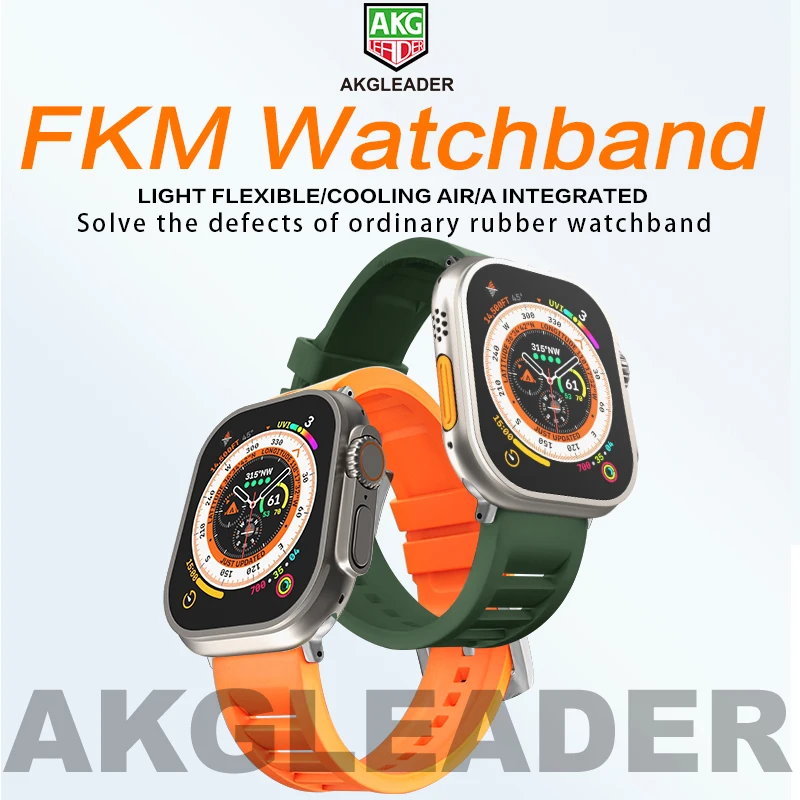 AKGLEADER high quality strap or Apple Watch 8 Ultra 49mm 45mm Fluororubber Band for iWatch Series 7 SE 6 5 4 45/44mm Band