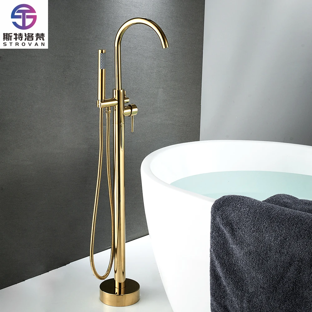 

Bathtub Faucet 6021B-K Free Standing Swivel Spout Single Handle With Hand Spray Brass Gold Floor-standing Shower Set