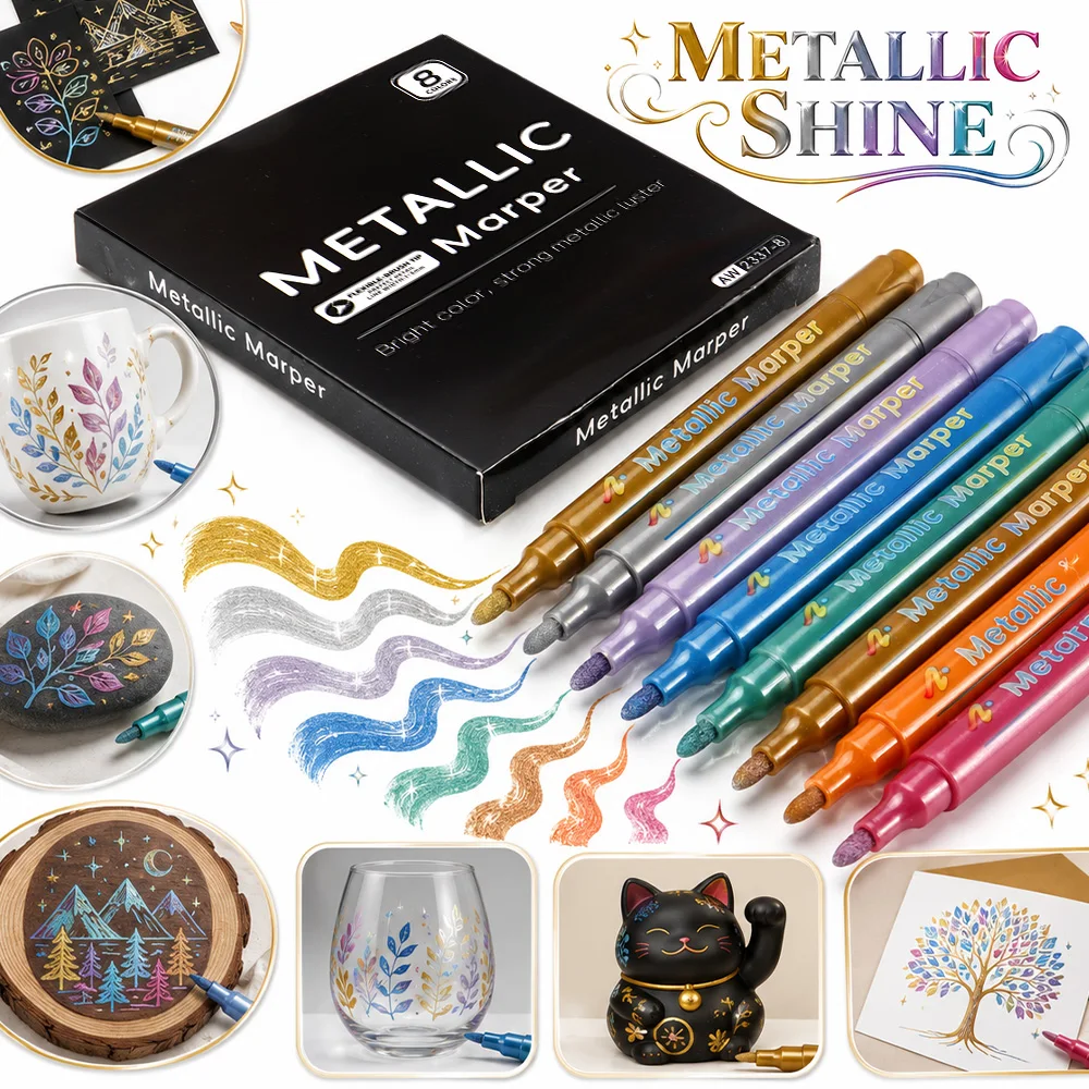 Premium 8-teiliges Set Metallic-Markerstifte, permanente Farbmarker für Stein, Tassen, Glas, DIY-Dekoration, Scrapbooking, Zeichnen, Schule, Büro, Kunstbedarf