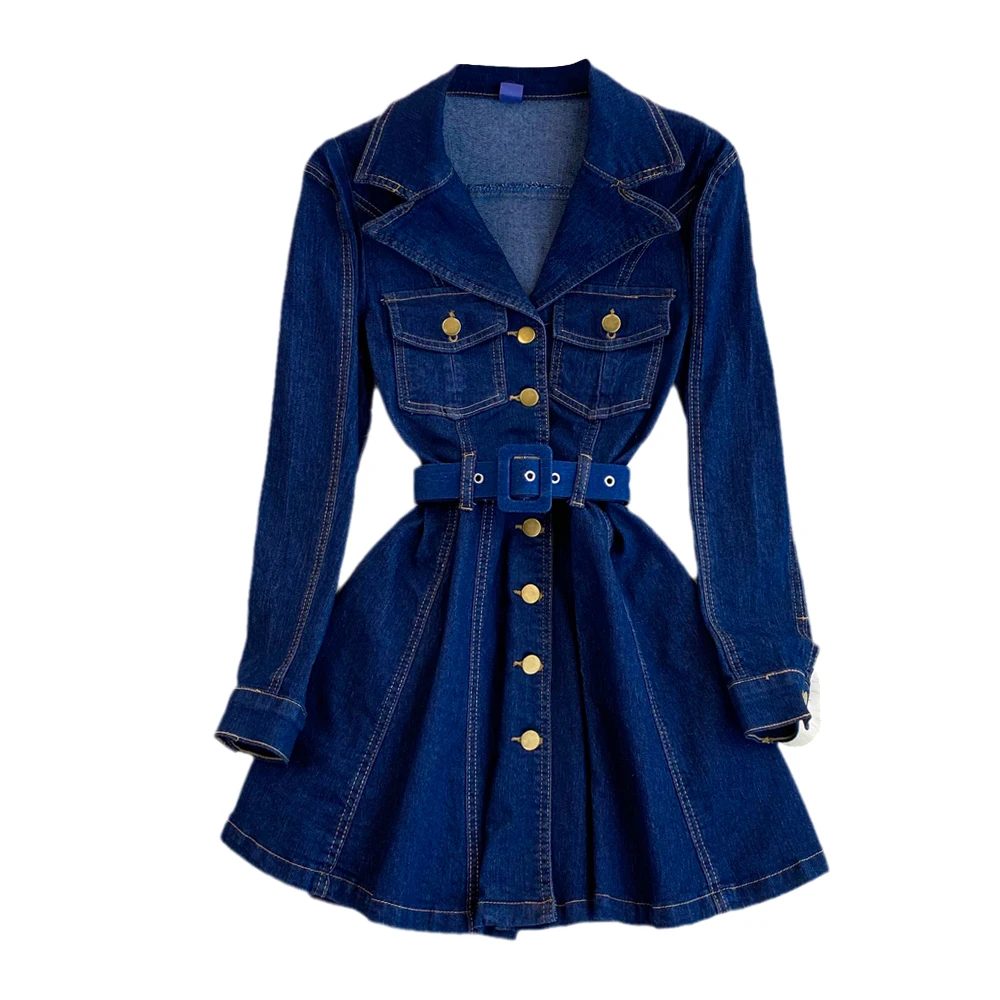 2023 Autumn Winter Retro Premium Style Long Sleeved Suit Collar Double Breasted Waist Shrinking A-line Denim Dress