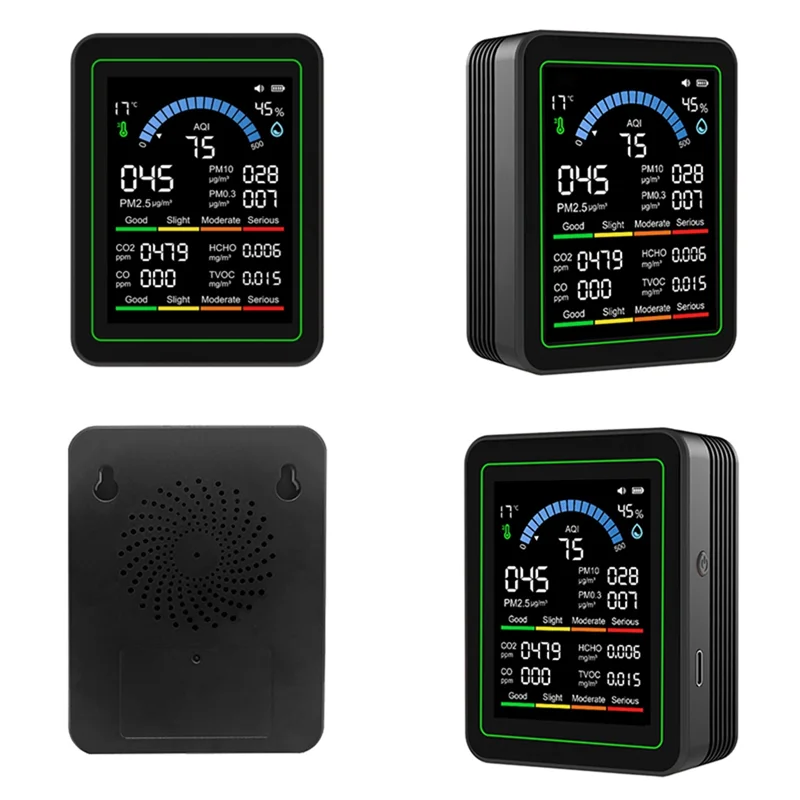 A10R 10 en 1 Monitor de calidad del aire interior C02 Temperatura Humedad HCHO TVOC PM2.5 PM10 CO Aql Medidor Monitor de formaldehído Negro