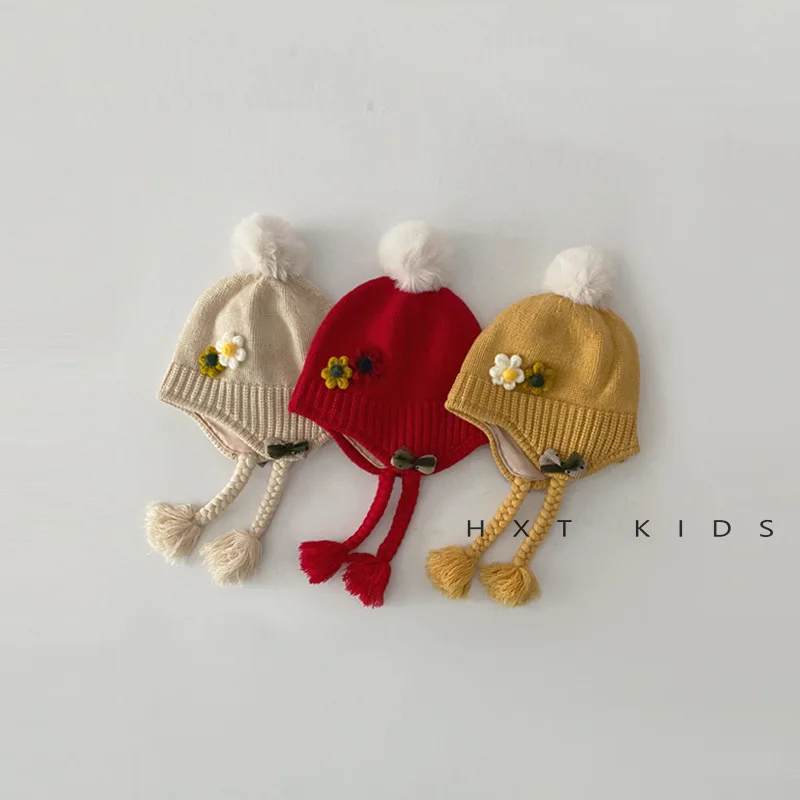 

Kids Beanie Hat Newborn Baby Soft Knit Cap Wool Ball Tie Red Caps Baby Nursery Children Small Flowers Winter Warm Windproof Cap