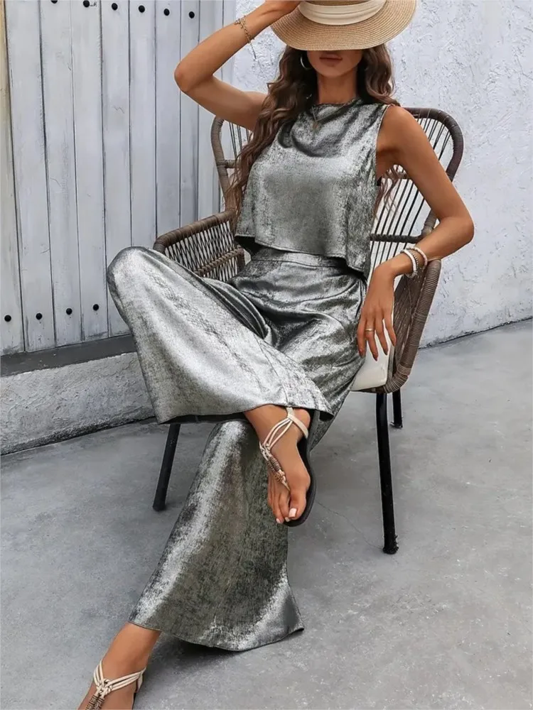 Pantaloni gilet lucidi casual Set da due pezzi per donna Pantaloni larghi senza maniche con scollo a O Pantaloni a gamba larga Estate Nuovo abito moda donna