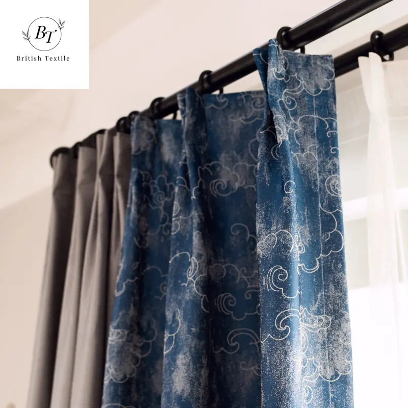 

Chinese Style Curtains for Living Dining Room Bedroom Auspicious Cloud Pattern Blue Gray Mosaic Modern High Precision Curtain