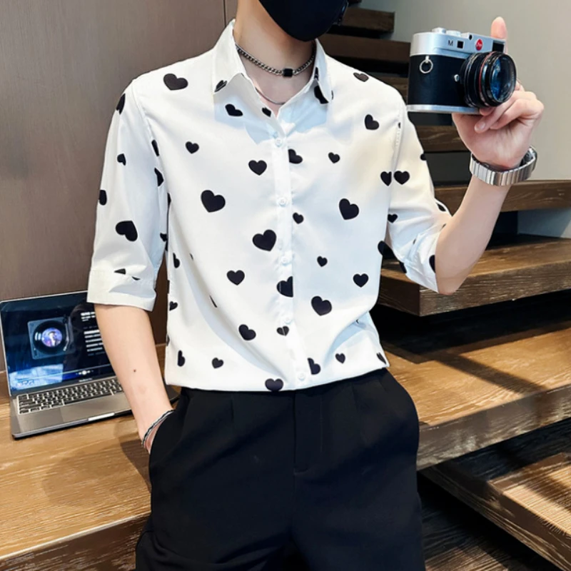 Mens Lightweight Short Sleeve Shirt with Flower and Heart Pattern Summer Casual Trendy Attire for Handsome Look
