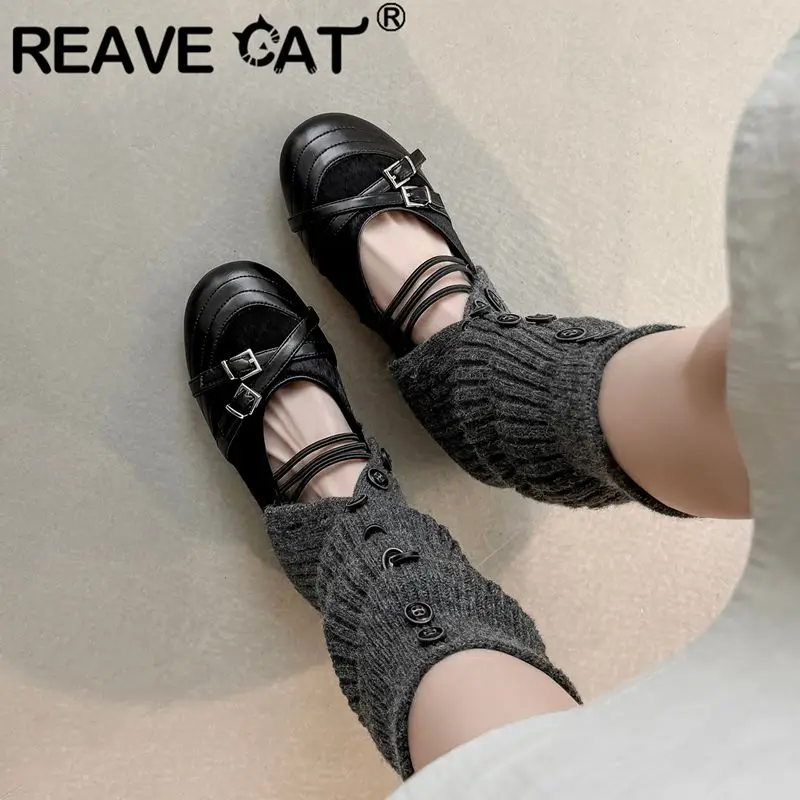 

REAVE CAT Black Genuine Leather Women Flats Round Toe Slip On Belt Buckles Horsehair Leisure Daily Shoes Mixed Color Splicing