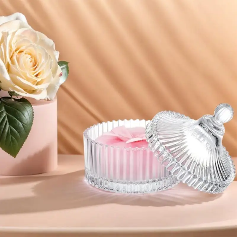 E8BD Fashionable Glass Storage Box with 3 Soft Body Powders Puff for Neat and Tidying Space Saving Designs Daily Use
