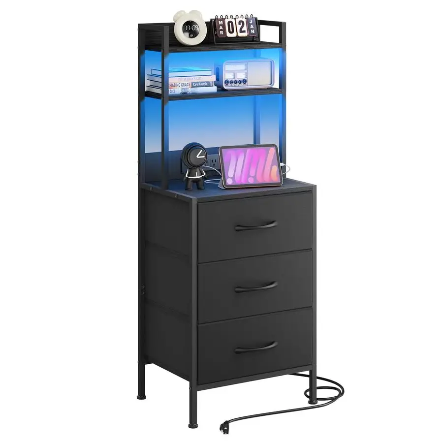 Modern Nightstand with LED Light & 3 Storage Drawers 15.7