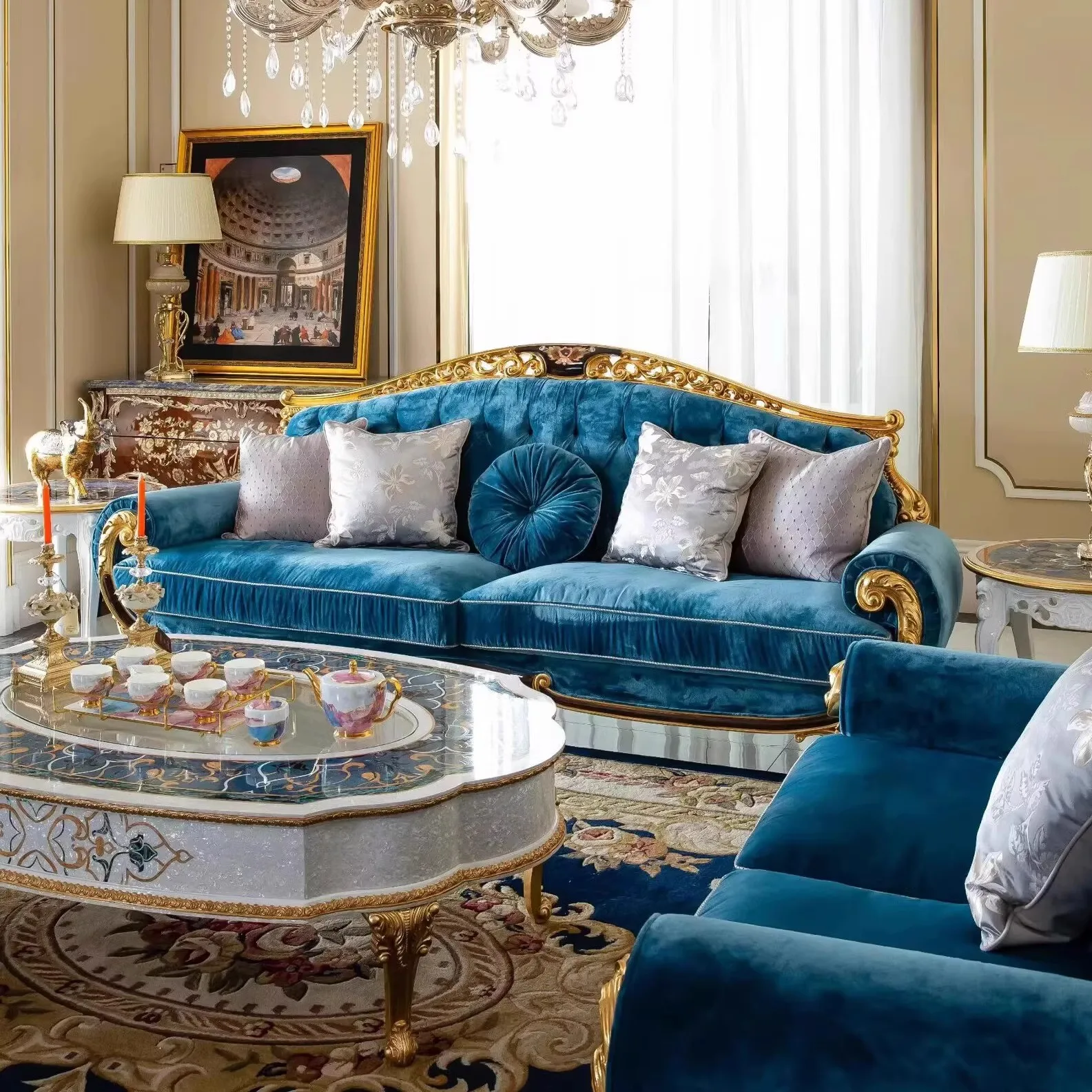 프랑스 럭셔리 쉘 파케 소파 커피 테이블 조합 유럽 패브릭 단단한 나무 조각 꽃 모래