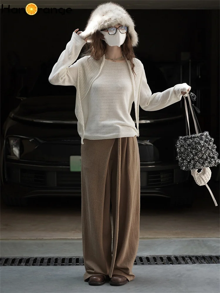 한오렌지 2025 가을/겨울 루즈 니트 스웨터 여성용 스택형 탈부착 가능한 홀로우 숄 탑 라이트 아프리콧/초콜릿/그레이