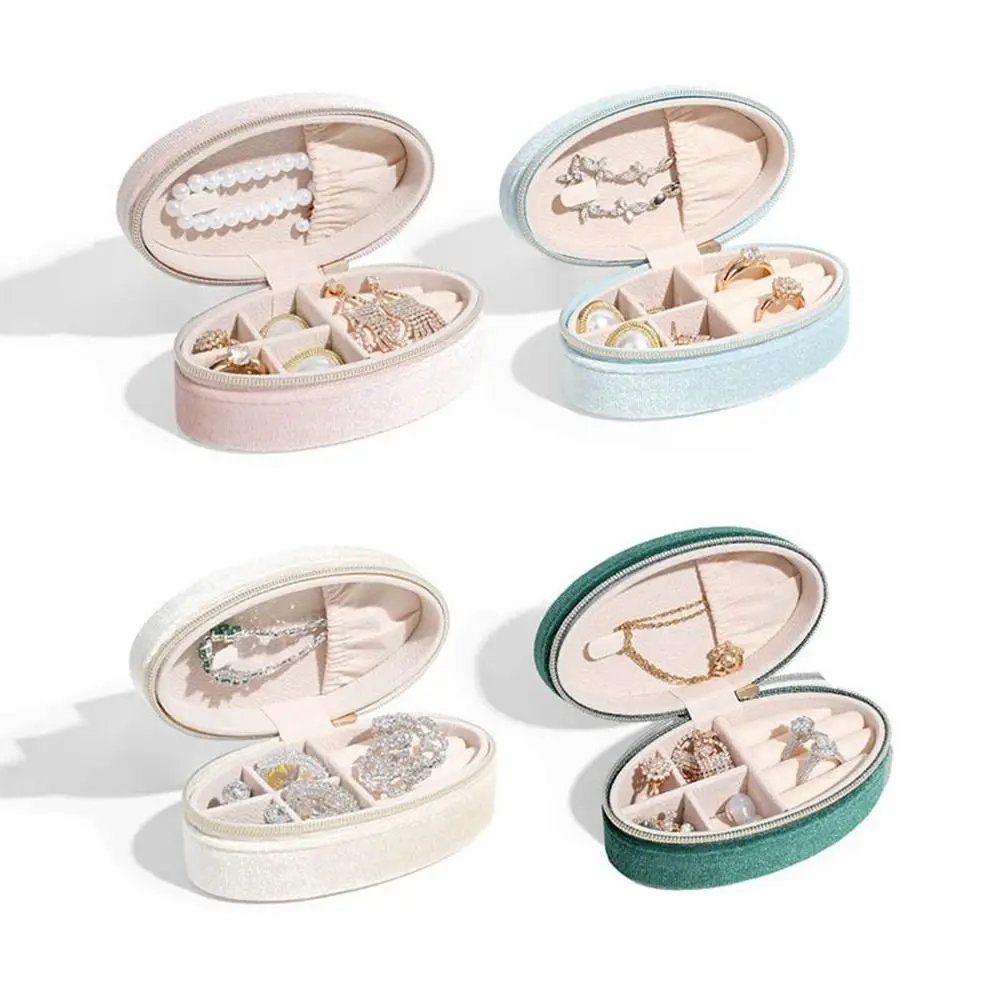 Multi-functional Velvet Oval Jewelry Box Mini Zipper Necklace Storage Display Box Large Capacity Jewelry Organizer Earrings