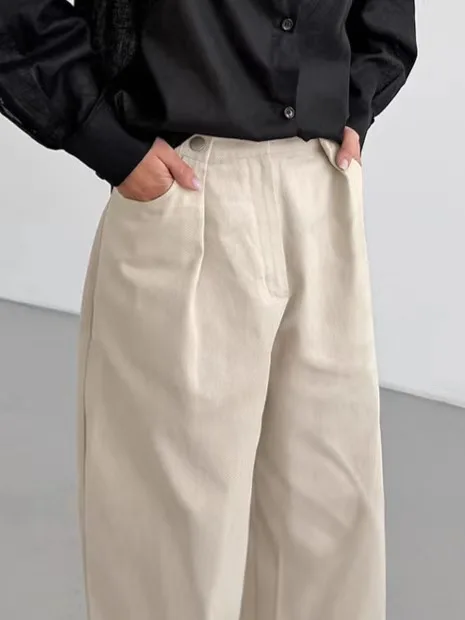 سراويل كاجوال عالية الخصر، سراويل طويلة فضفاضة قابلة للتنفس، سراويل قطنية مريحة وواسعة الساق للنساء