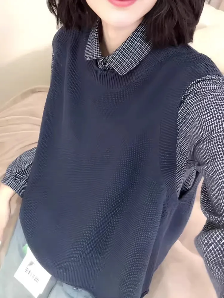 

Универсальный вязаный жилет темно-синего цвета для женщин, свободный крой, круглый вырез, модный повседневный топ, осенняя новинка