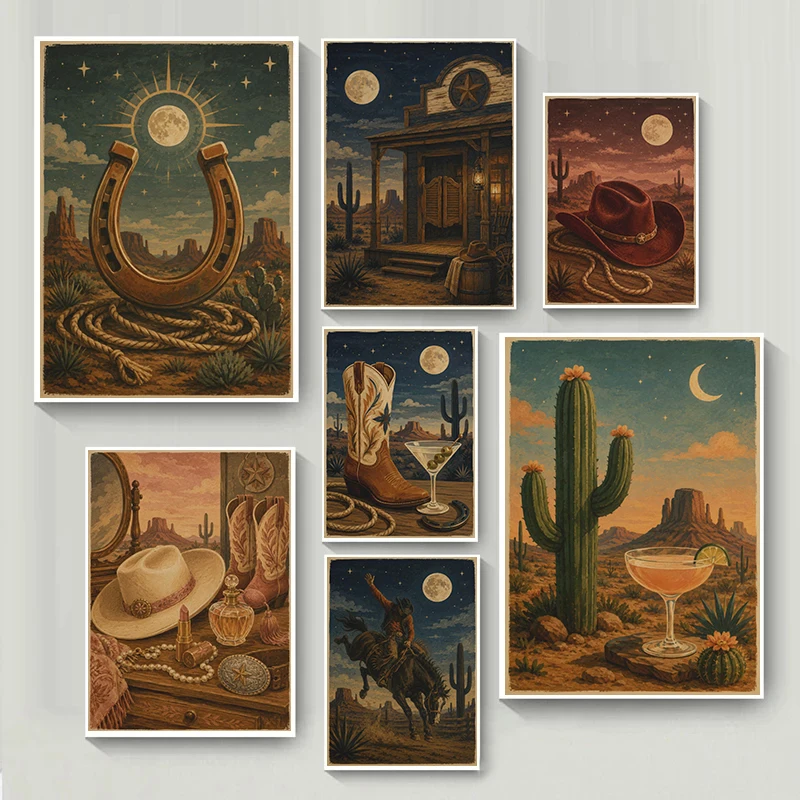 1pc frameless Canvas Painting Vintage Cactus Bar Dresser Cowboy Boot Martini Poster Desert Night Modern Prints Canvas Painting W