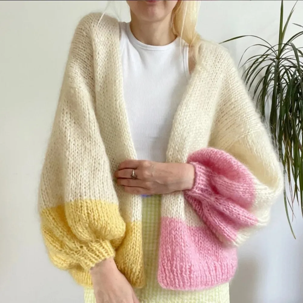 Candy colored knitted sweater for women\'s cardigan jacket, mohair thick needle casual lazy style knitted top, hand woven