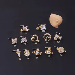 New 1PC 316L Surgical Stainless Steel CZ Crown Heart L Shape Nose Studs Colorful Indian Screw Nose Rings Nose Piercing Jewelry