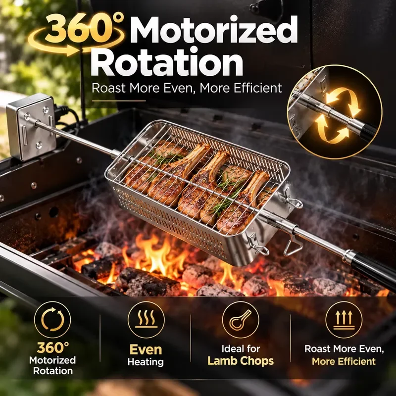 Stainless steel grill, grill basket, gas grill, rotating grill, suitable for lamb chops, chicken ribs, outdoor barbecue